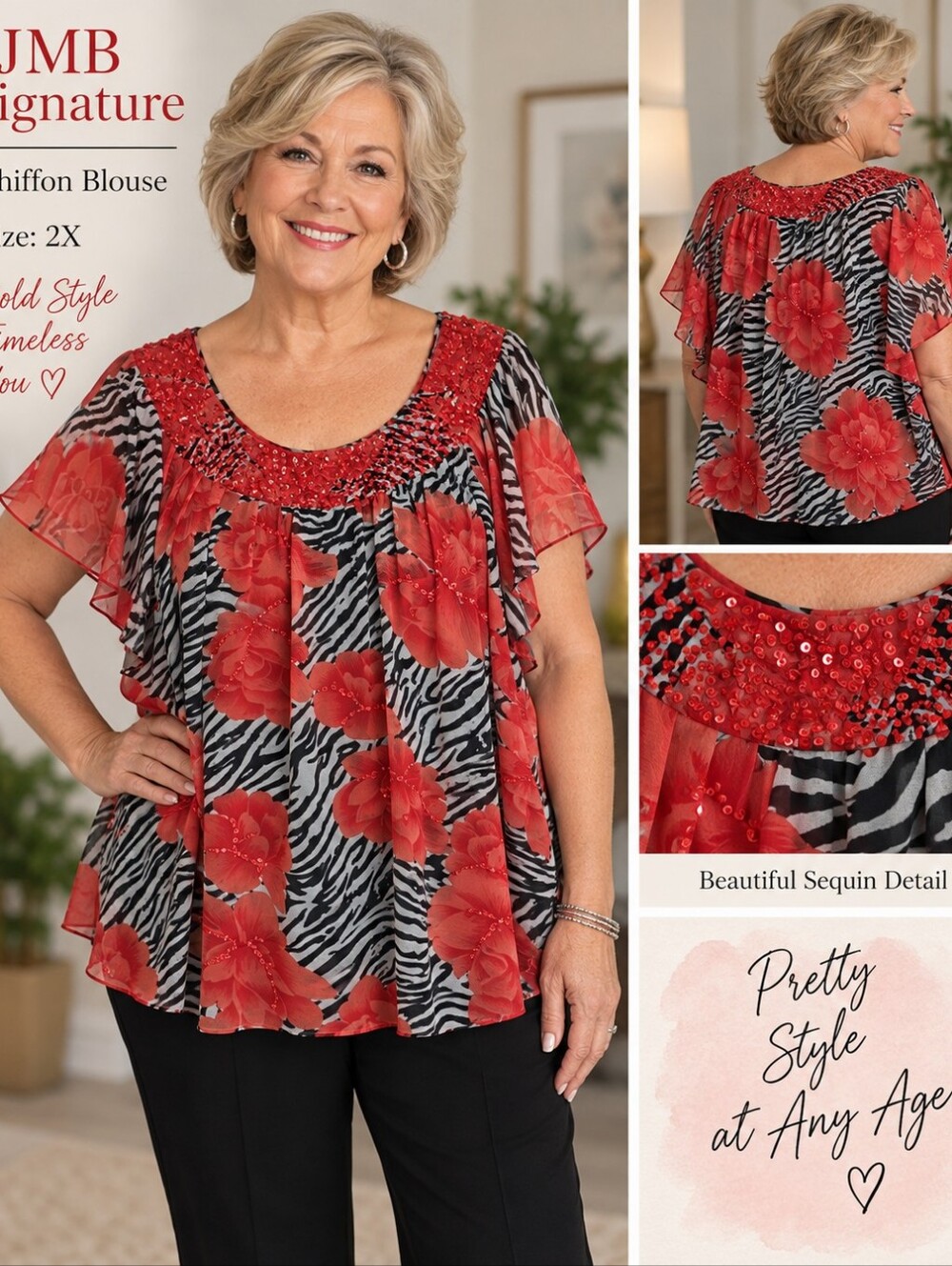 JMB Signature Chiffon Blouse with Sequins